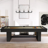 Black pool table in a modern living room with a fireplace and decor.