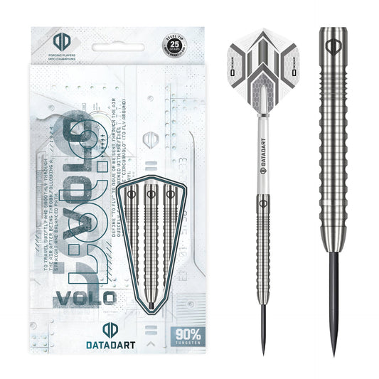 Datadart Volo 90% Tungsten Darts and their packaging with 'Data Dart' branding on a white background