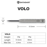Datadart Volo dart with measurements and specifications on a white background