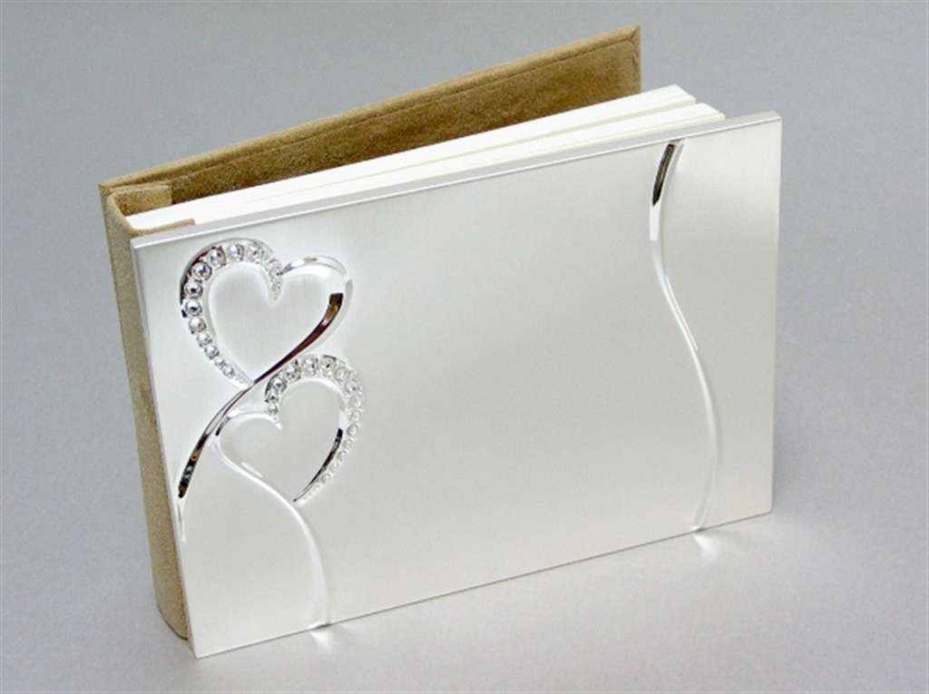 Double Heart Silver wedding guest book with two intertwined hearts and clear stones on brushed two-tone silver cover
