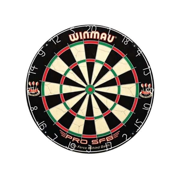 Winmau Pro SFB Dartboard with high tensile steel wiring and staple-free bullseye in classic black, white, red, and green design