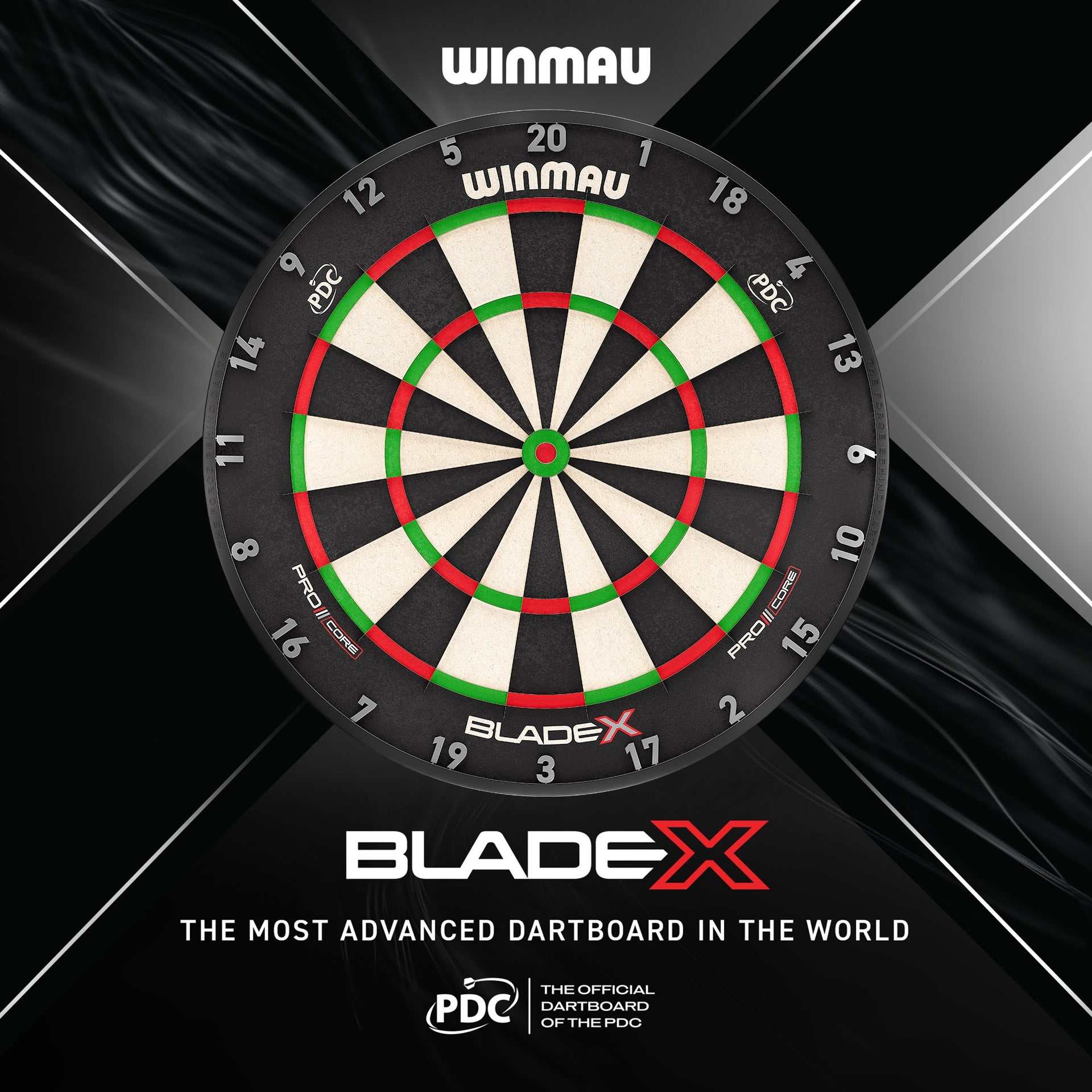Winmau Blade X Dartboard with Blade X branding on black and grey background