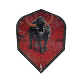 Shot Flights dart flight with hand-drawn bull design on red background for stability and lift