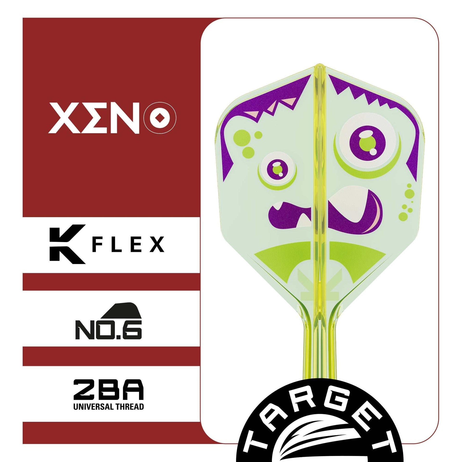K-Flex No.6 Flight one-piece dart flight and shaft in translucent lime green with white and purple Xeno monster graphics.