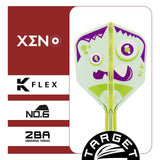 K-Flex No.6 Flight one-piece dart flight and shaft in translucent lime green with white and purple Xeno monster graphics.