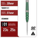 Motomu Sakai Xeno SP 90% tungsten darts with electro green and silver barrel design