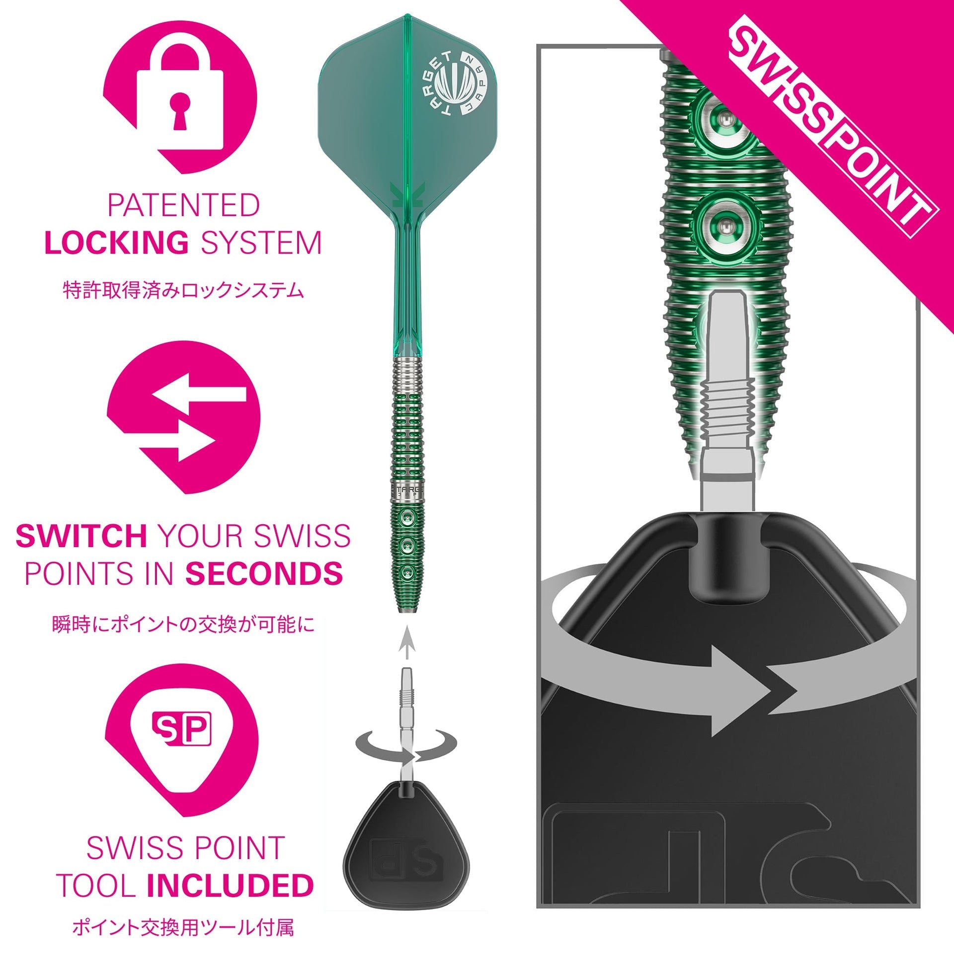 Motomu Sakai Xeno SP 90% tungsten darts with electro green coating and shark cut grip