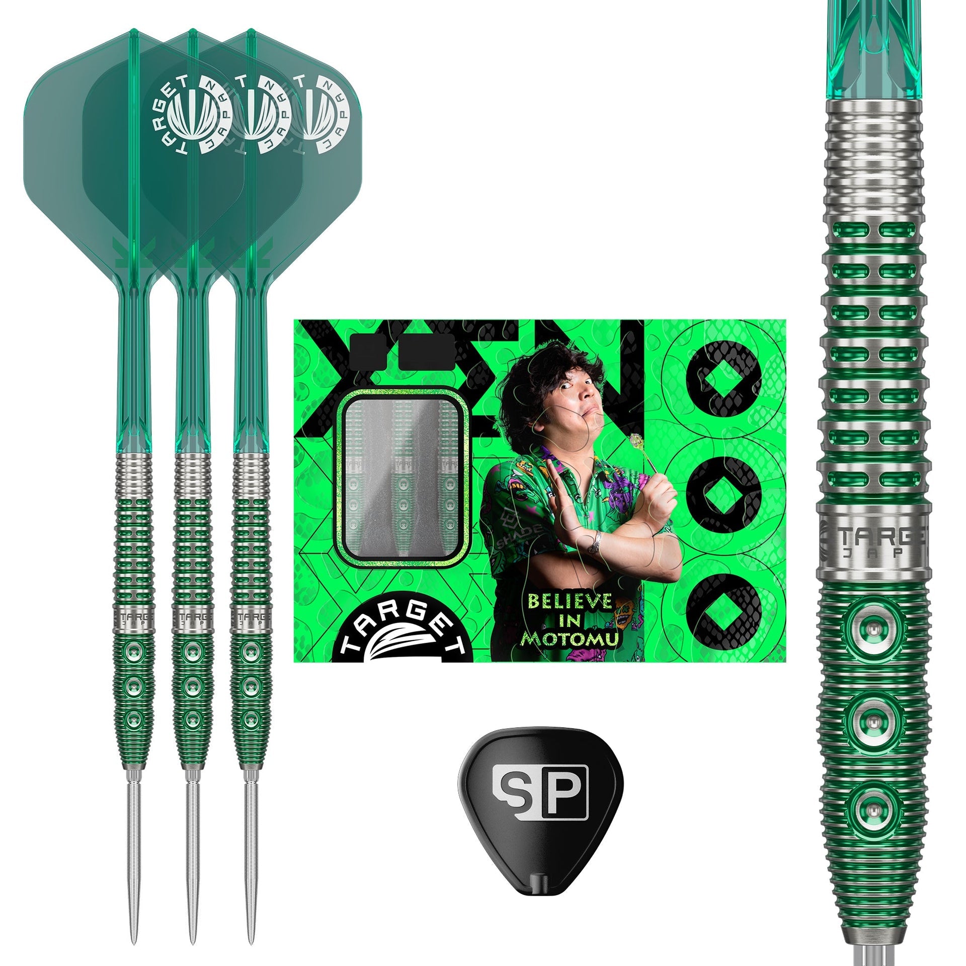 Motomu Sakai Xeno SP 90% Tungsten darts with electro green coating and shark cut grip