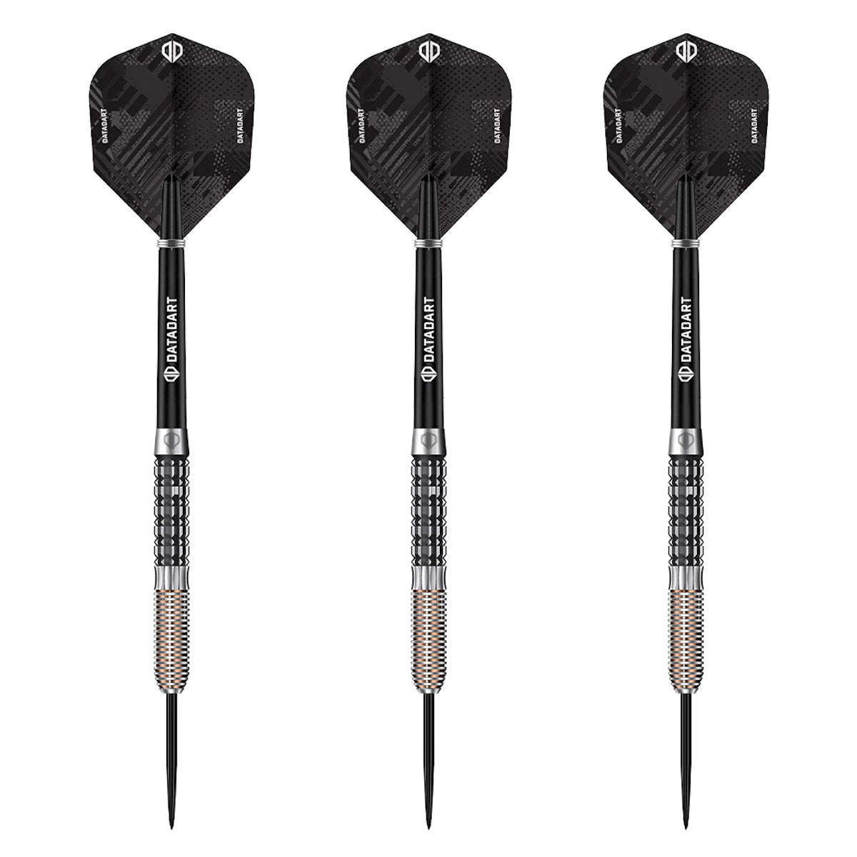 Datadart Zelos 95% Tungsten Three black darts with silver tips on a white background