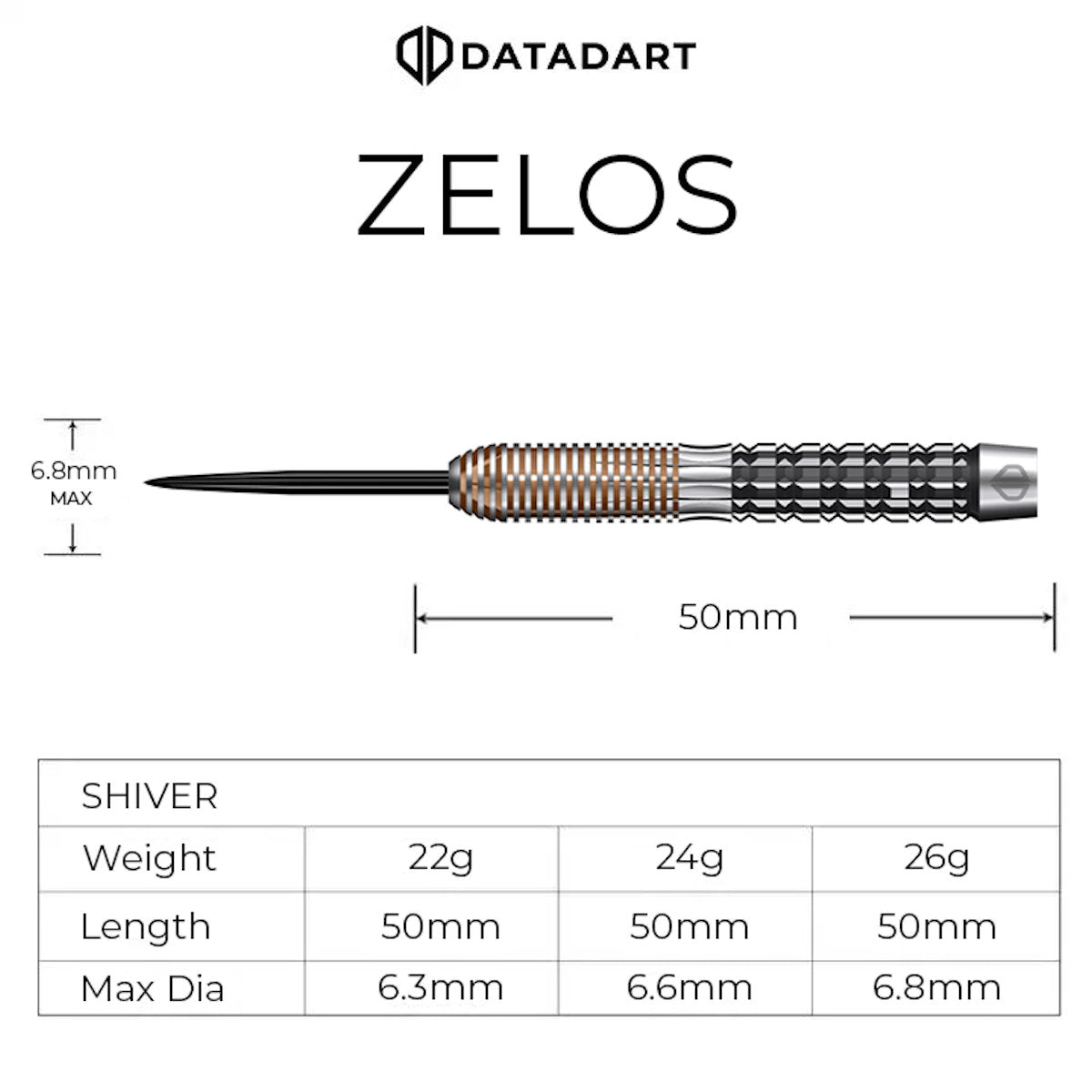 Datadart ZELOS dart with measurements and specifications on a white background