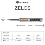 Datadart ZELOS dart with measurements and specifications on a white background