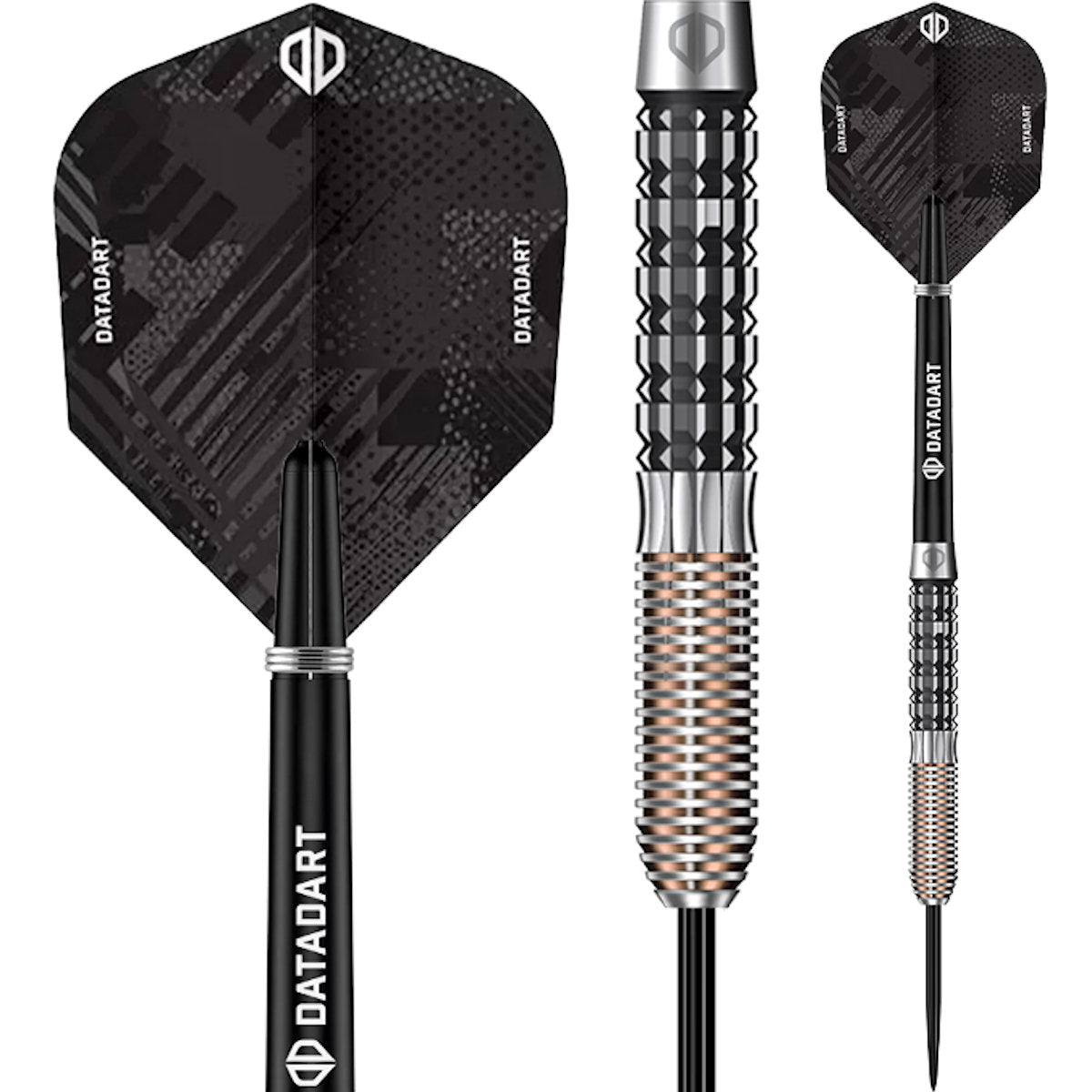 Datadart Zelos 95% Tungsten Three darts with black and silver design on a white background, featuring the brand 'Data Dart'.