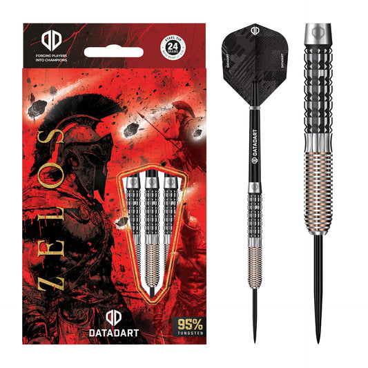 Datadart Zelos 95% Tungsten Darts with packaging featuring a Spartan helmet design.