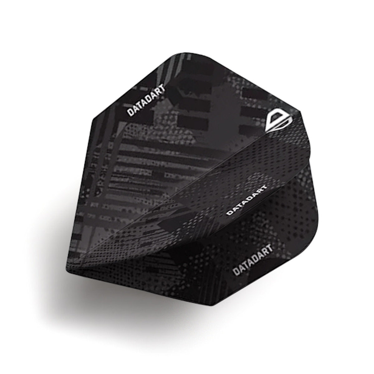 Black dart flights with 'DATADART' branding on a white background