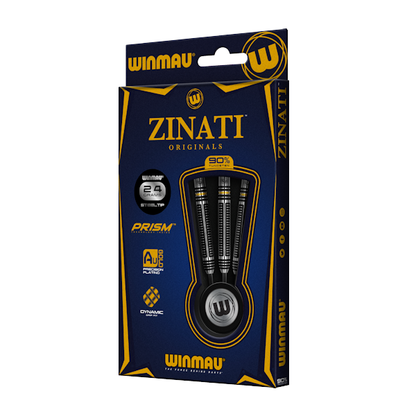 Winmau Zinati 90% Tungsten darts set with black shafts and Prism Delta flights in retail packaging