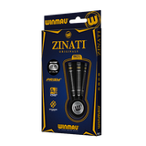 Winmau Zinati 90% Tungsten darts set with black shafts and Prism Delta flights in retail packaging