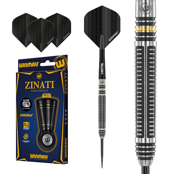 Zinati 90% Tungsten darts set with tapered buttress grooves, black Vecta shafts, Prism Delta flights, and aluminum point protector