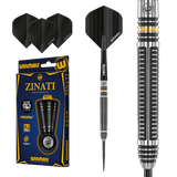 Zinati 90% Tungsten darts set with tapered buttress grooves, black Vecta shafts, Prism Delta flights, and aluminum point protector