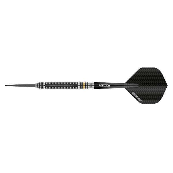Zinati 90% tungsten dart with tapered grooves, black Vecta shaft, and Prism Delta flight