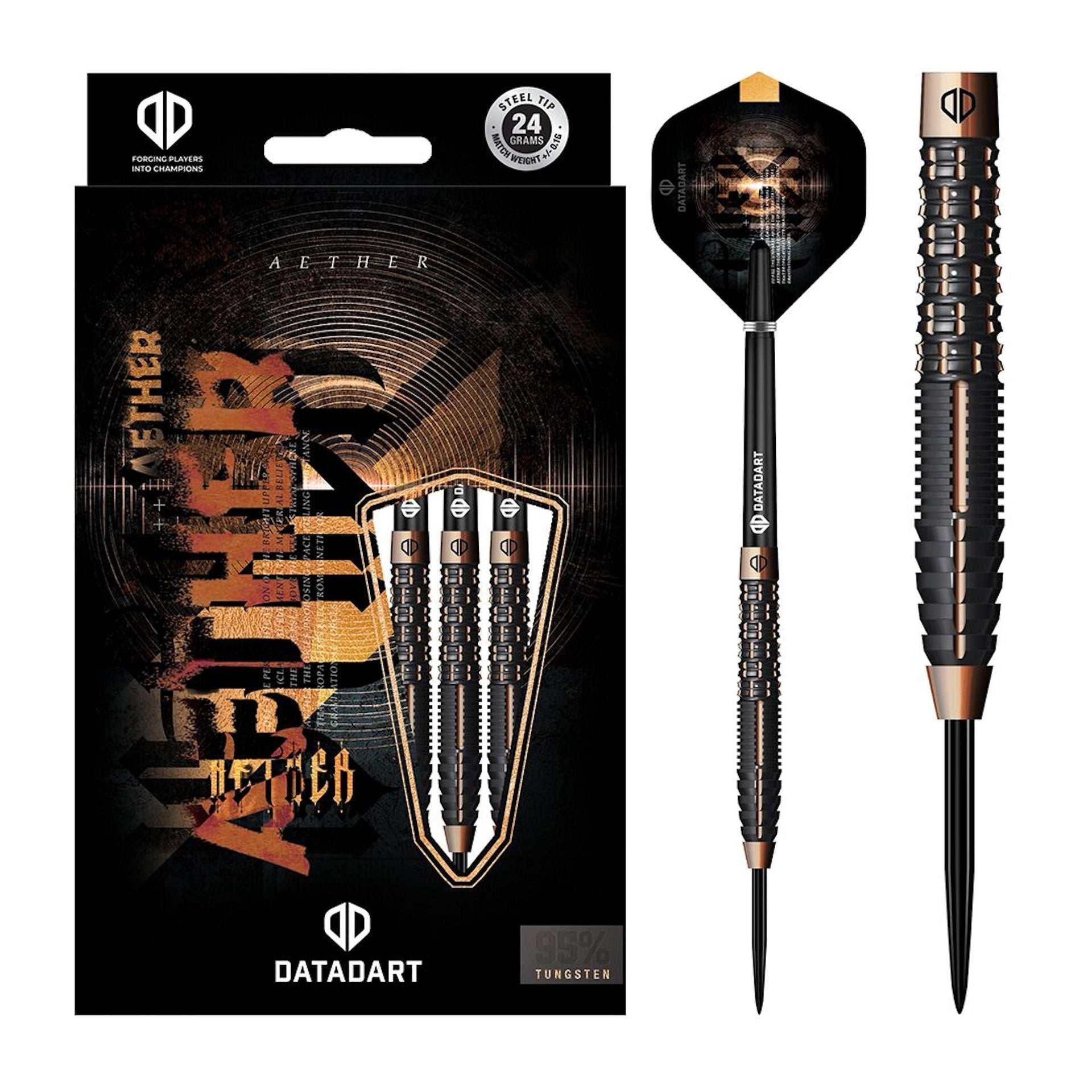 Datadart Aether 95% Tungsten dart barrel with black and bronze finish and laser-etched logo