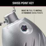 Metal tool with a hexagonal head labeled 'Swiss Point Key' on a beige background.