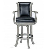 Brunswick Centennial Bar Stool with black leather seat and rustic grey wood finish, swivel seat, set of two
