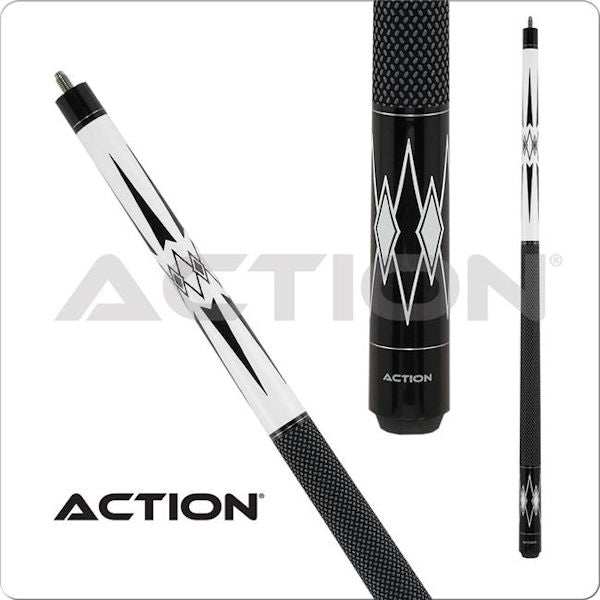 Action Black & White Cue with 13mm boar skin tip and hard rock maple shaft, adjustable weight bolts