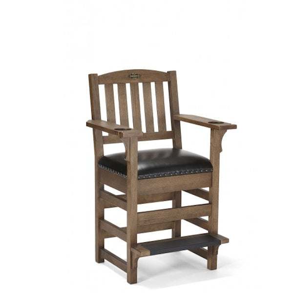Brunswick Centennial Player's Chair wooden billiard chair with cushioned seat, cue notches, cup holders, footrest, and storage drawer
