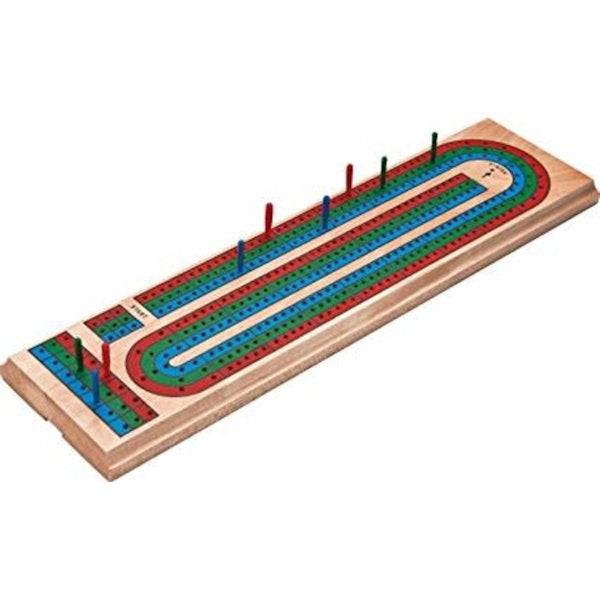 3 Track Cribbage Board with pegs and scoring tracks for 2 to 3 players, 14.5" x 3.5" wooden game board