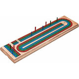 3 Track Cribbage Board with pegs and scoring tracks for 2 to 3 players, 14.5" x 3.5" wooden game board