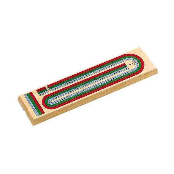 Wooden 3 track cribbage board for 2 or 3 players with colored scoring tracks and pegs, 14.5 by 3.5 inches