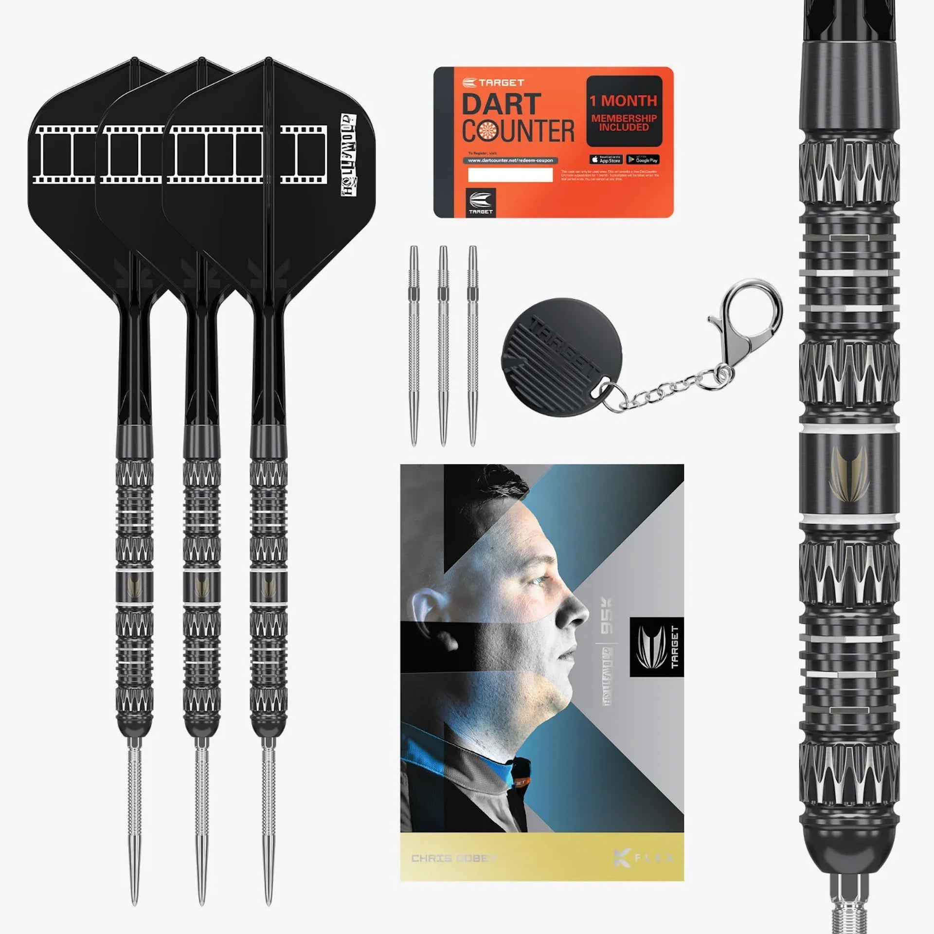 Chris Dobey 95K SP 95% Tungsten Dart set with darts, counter, and packaging on a white background