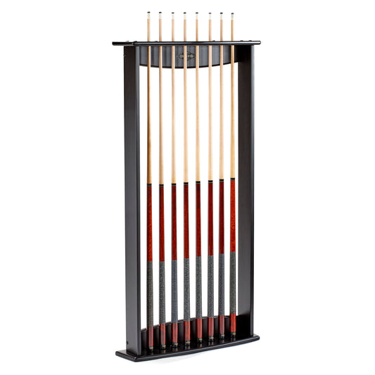 Commercial Wall Rack with multiple pool cues on a white background
