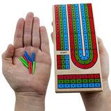 3 Track Cribbage Board with colored pegs held in hand for scoring points in card game