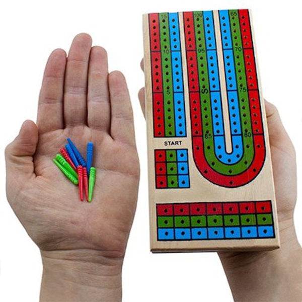 3 Track Cribbage Board with colorful pegs for 2-3 players, 14.5 by 3.5 inches, wooden game board for point tracking