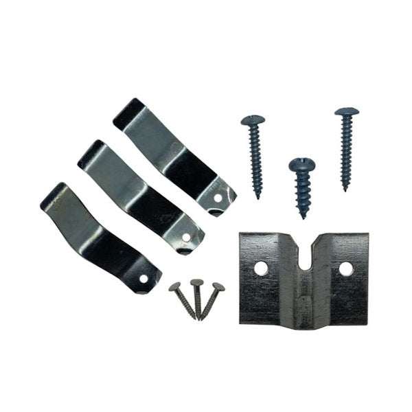 Dartboard Basic Fixing Kit with metal bracket, three spring clips, and screws for mounting bristle dartboards