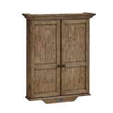 Brunswick hardwood dartboard cabinet with antique bronze hinges and knobs, closed doors, wall-mounted game storage unit