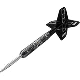 Black and silver darts by Chris Dobey 95K with decorative pattern on a white background