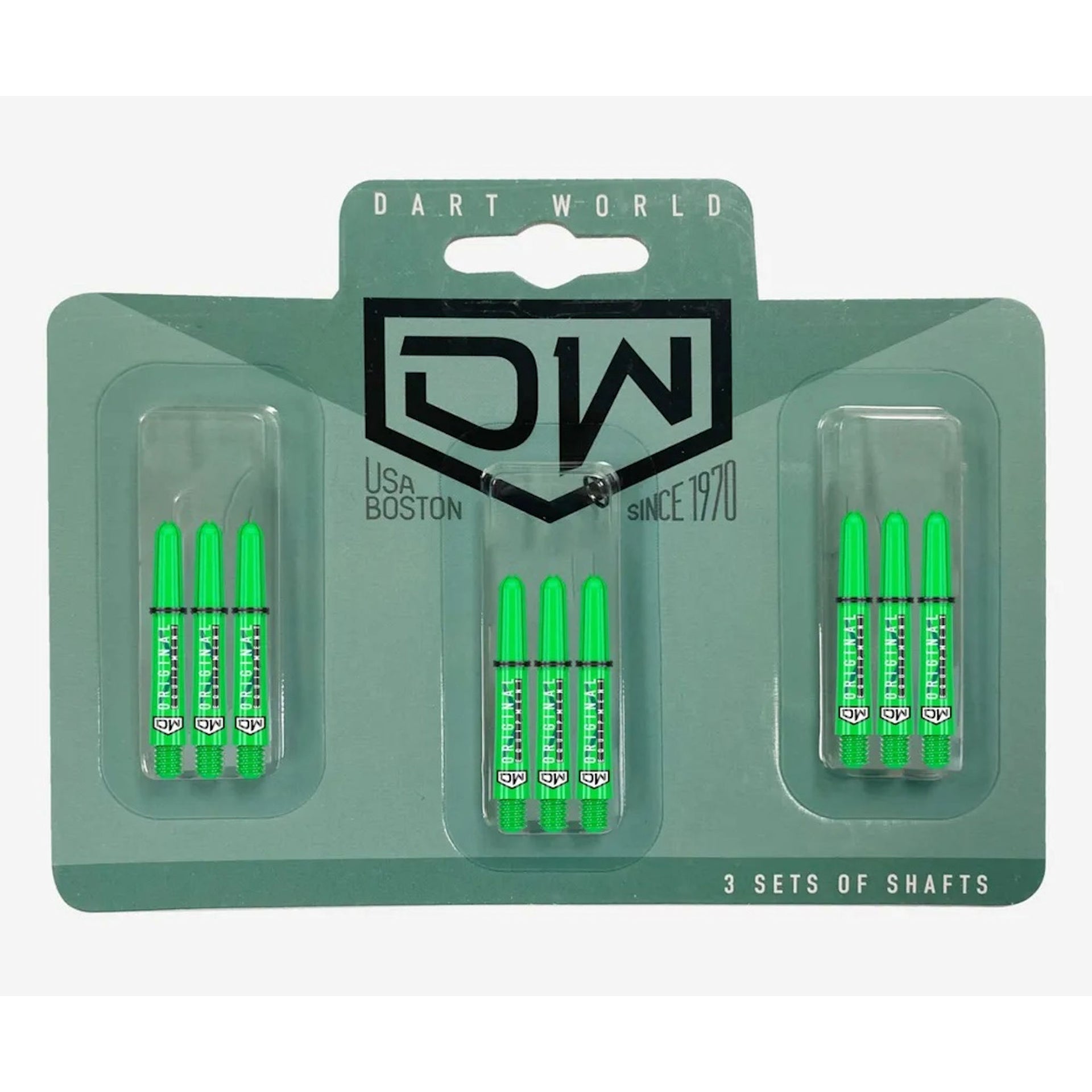 Clinch Nylon Shafts showing three sets of lime green colour shafts in green packaging on white background