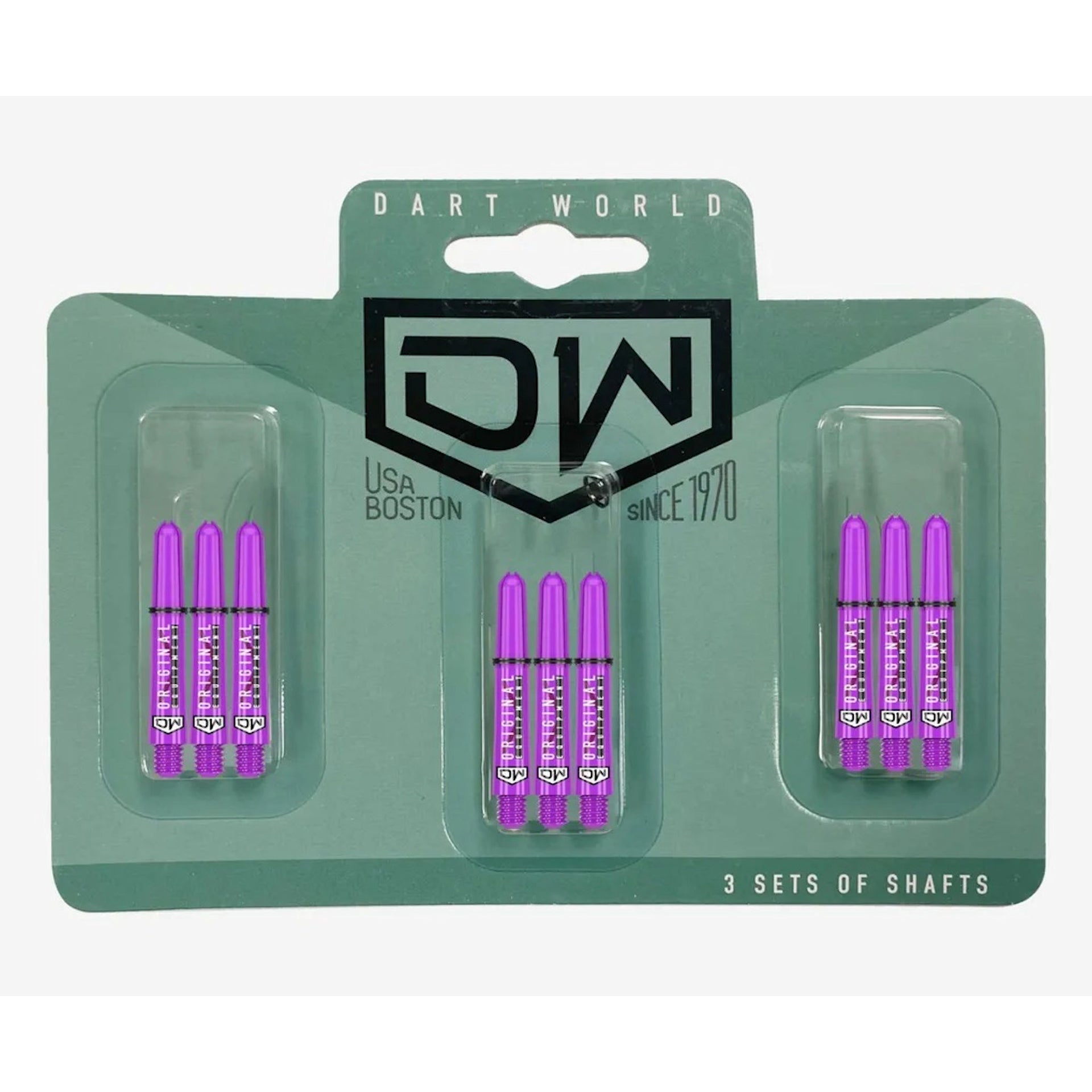 Clinch Nylon Shafts showing three sets of purple colour shafts in green packaging on white background