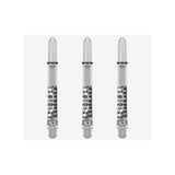 Three clear dart shaft with black printed markings , arranged vertically on a light gray background.