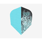 Dart flight light blue with a subtle repeating logo pattern, and the right half is dark gray/black with a detailed mechanical gear illustration and a prominent 'DW' logo near the top.