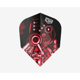Red dart flight with (DW) branded featuring a red and black gear design on a light gray background.