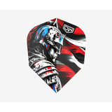 A dart flight featuring a graphic illustration of a helmeted warrior in profile, with a red, white, and black flag design and the DW logo.