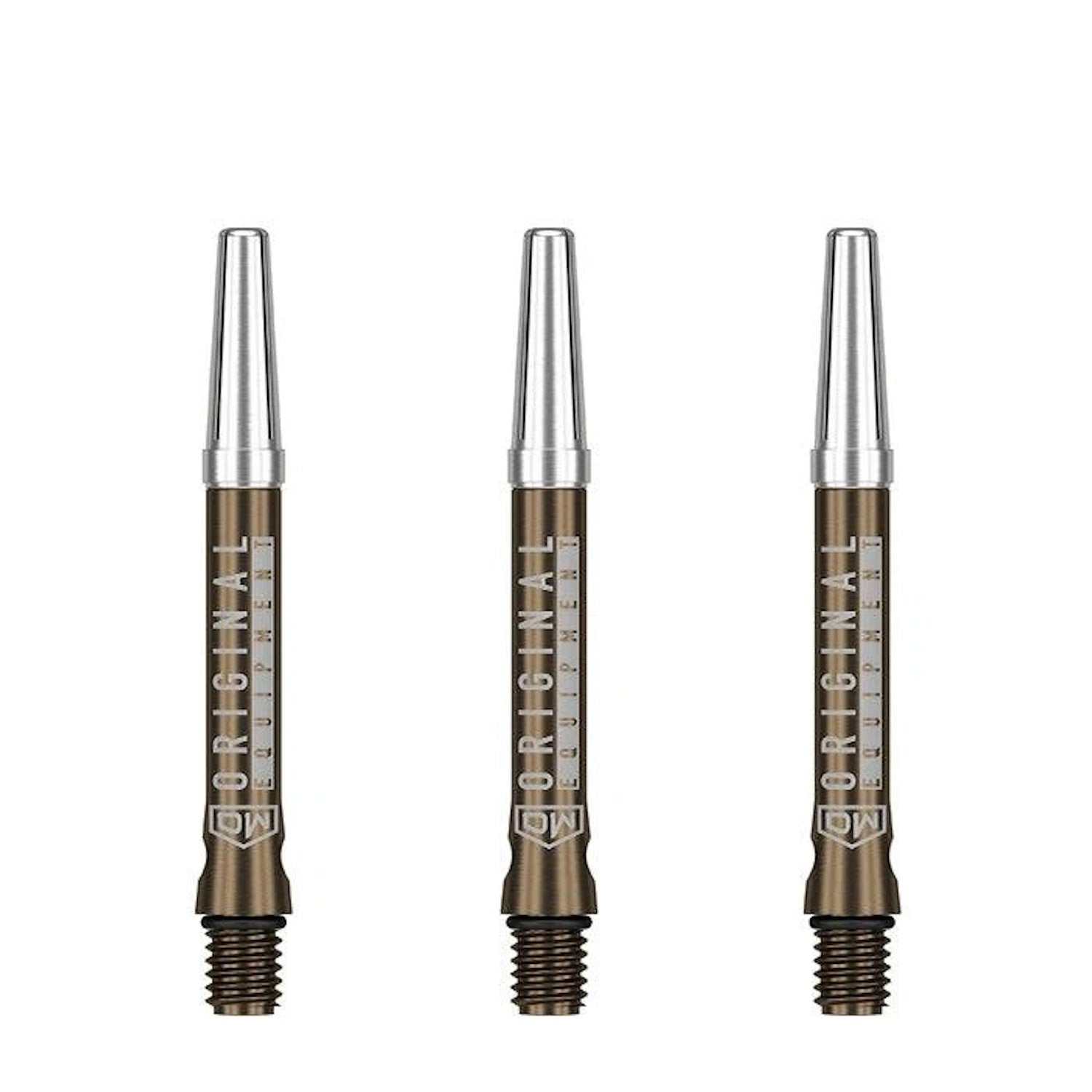 Three DW Top Spin V2 Shafts made of durable anodized aluminum with free-spinning tops for improved dart accuracy and consistency