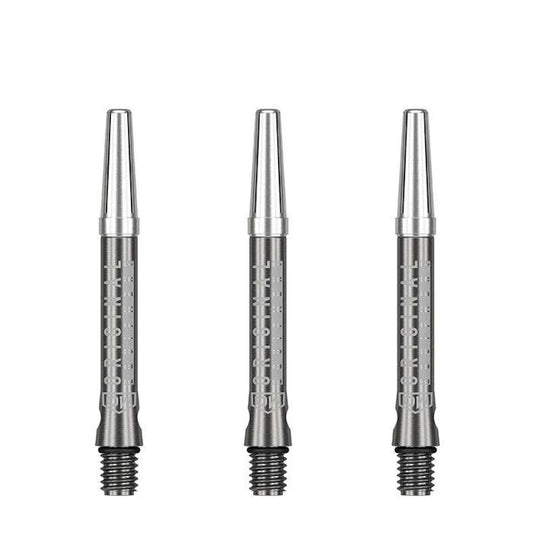 Three DW Top Spin V2 Shafts made of durable anodized aluminum with free-spinning tops for reduced flight deflection and improved accuracy in darts.