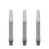 Three DW Top Spin V2 Shafts made of durable anodized aluminum with free-spinning tops for reduced flight deflection and improved accuracy in darts.