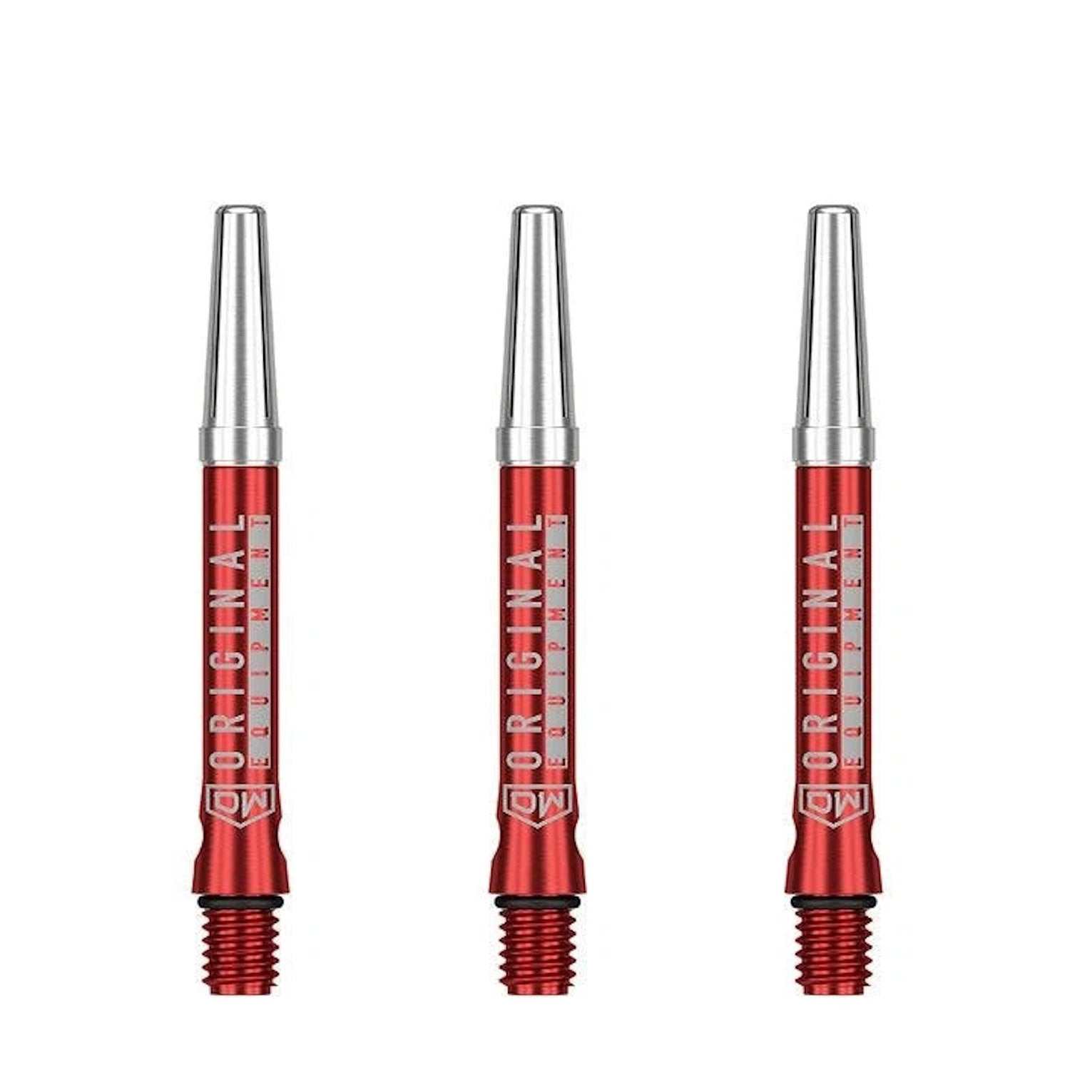 Set of three red anodized aluminum DW Top Spin V2 dart shafts with silver tops