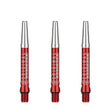 Set of three red anodized aluminum DW Top Spin V2 dart shafts with silver tops
