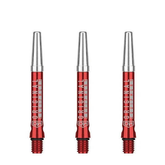 Set of three red anodized aluminum DW Top Spin V2 dart shafts with silver tops